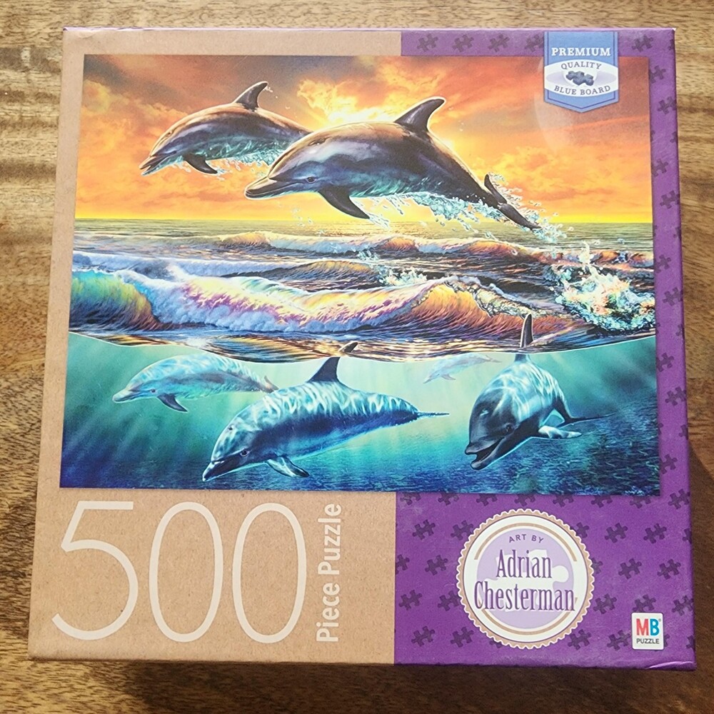 MB Puzzle Dolphins Dawn Adrian Chesterman 500 Piece Jigsaw Puzzle Multi-Color